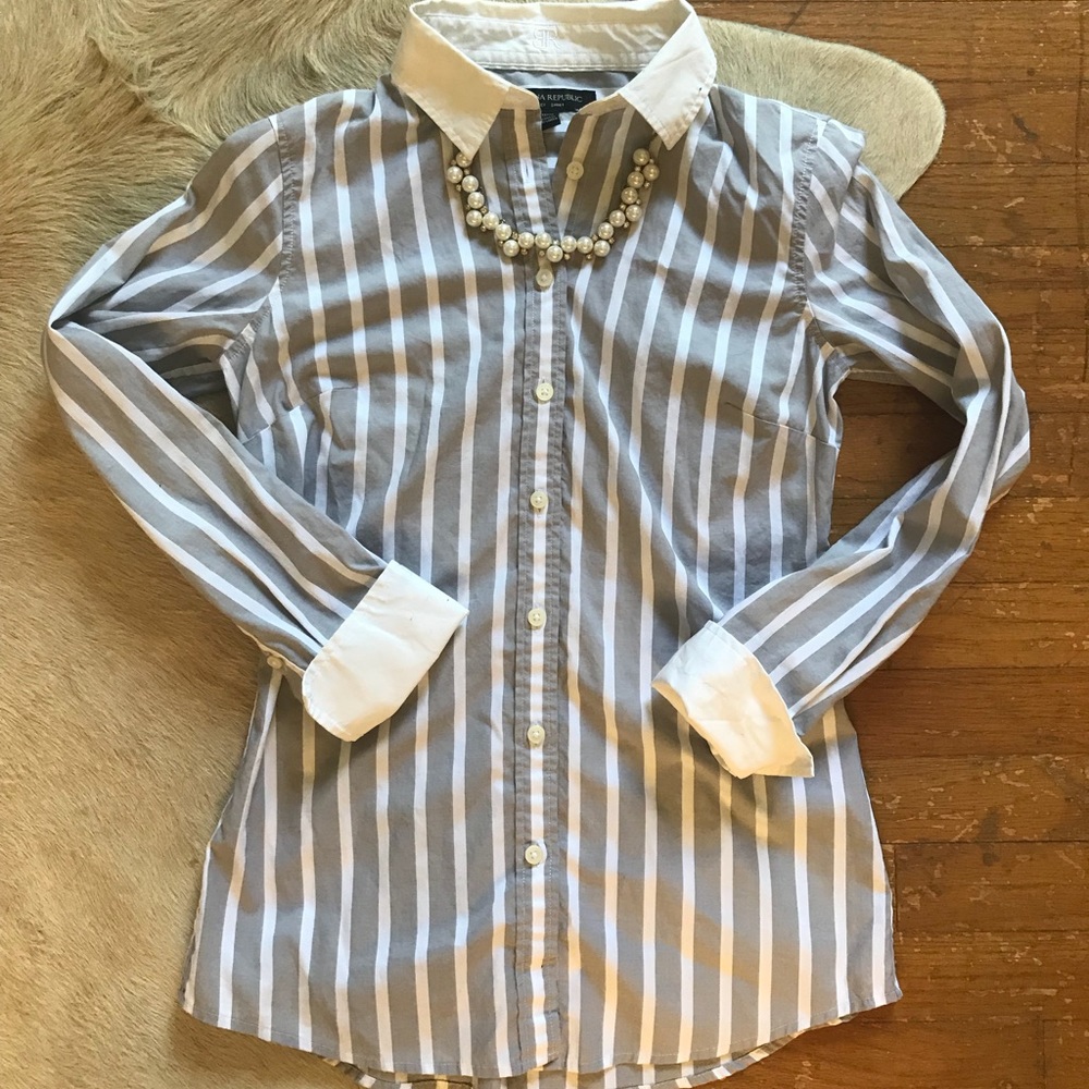 Grey and White Striped Button-Up Collared Shirt